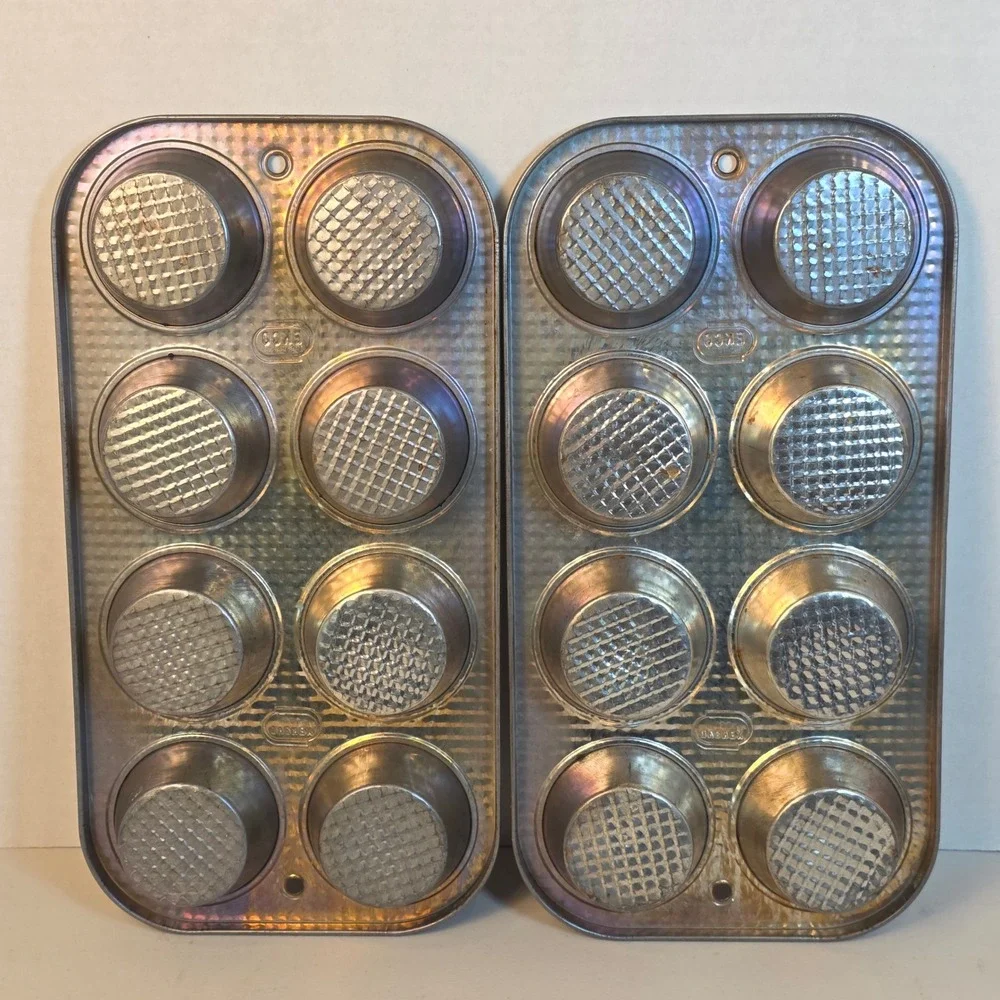 Vintage Ekco Ovenex X80 Muffin Pan Set of‎ 2 USA Starburst Texture Tin Cupcake